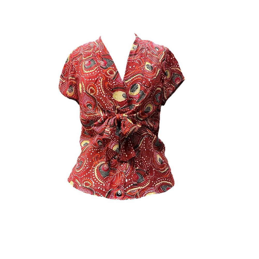 Very nice quality Red Printed Tie-Front Blouse with Short Sleeves